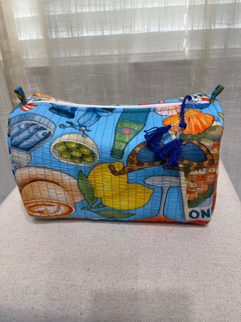 Blue Patterned Quilted Cosmetic Bag with Tassel